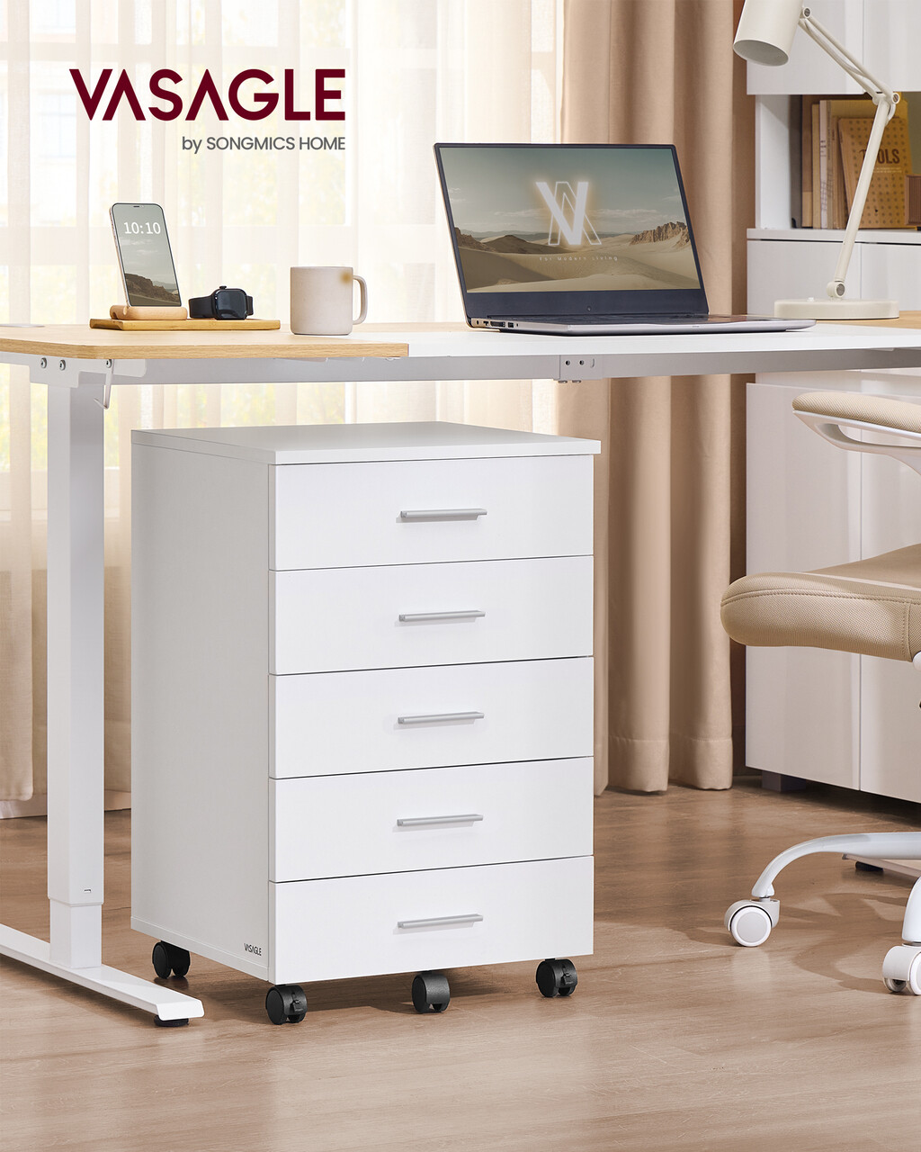 Dulap mobil pentru birou cu 5 sertare, 40x42x65.7 cm, MDF/PAL, alb cloud - imagine 7